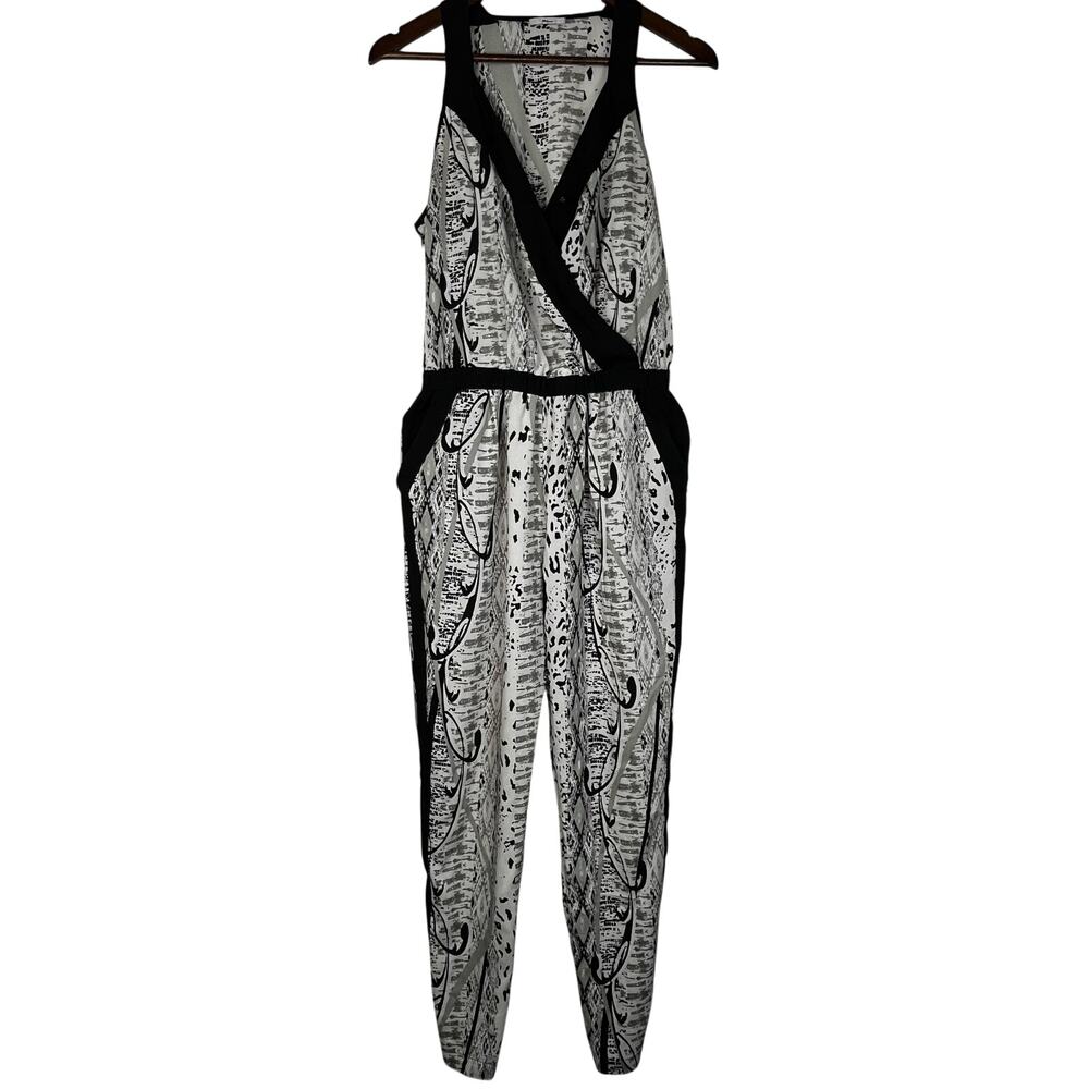 Milano Abstract Print Faux-Wrap Jumpsuit with Pockets (Black/White/Gray)